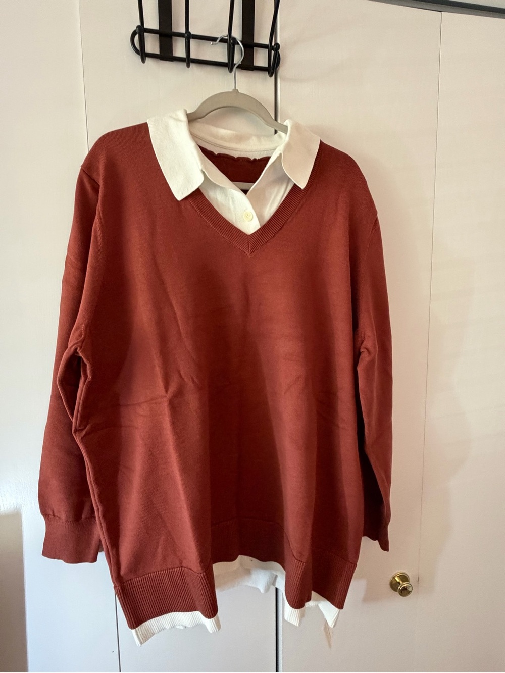 BloomChic Rust Colored V-Neck Super Soft Polo with Ivory Cream Collar